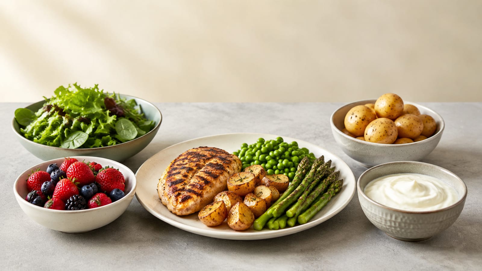 Spring asparagus peas berries and leafy greens beside balanced strength-training meal ingredients