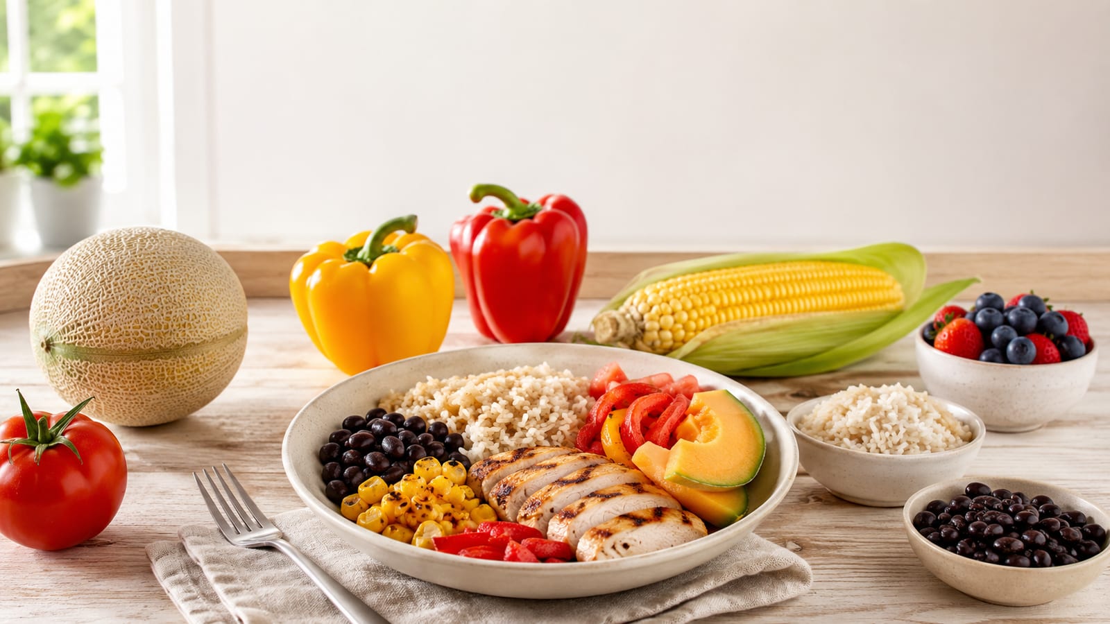 Summer tomatoes peppers corn melon and berries prepared for recovery-focused meals