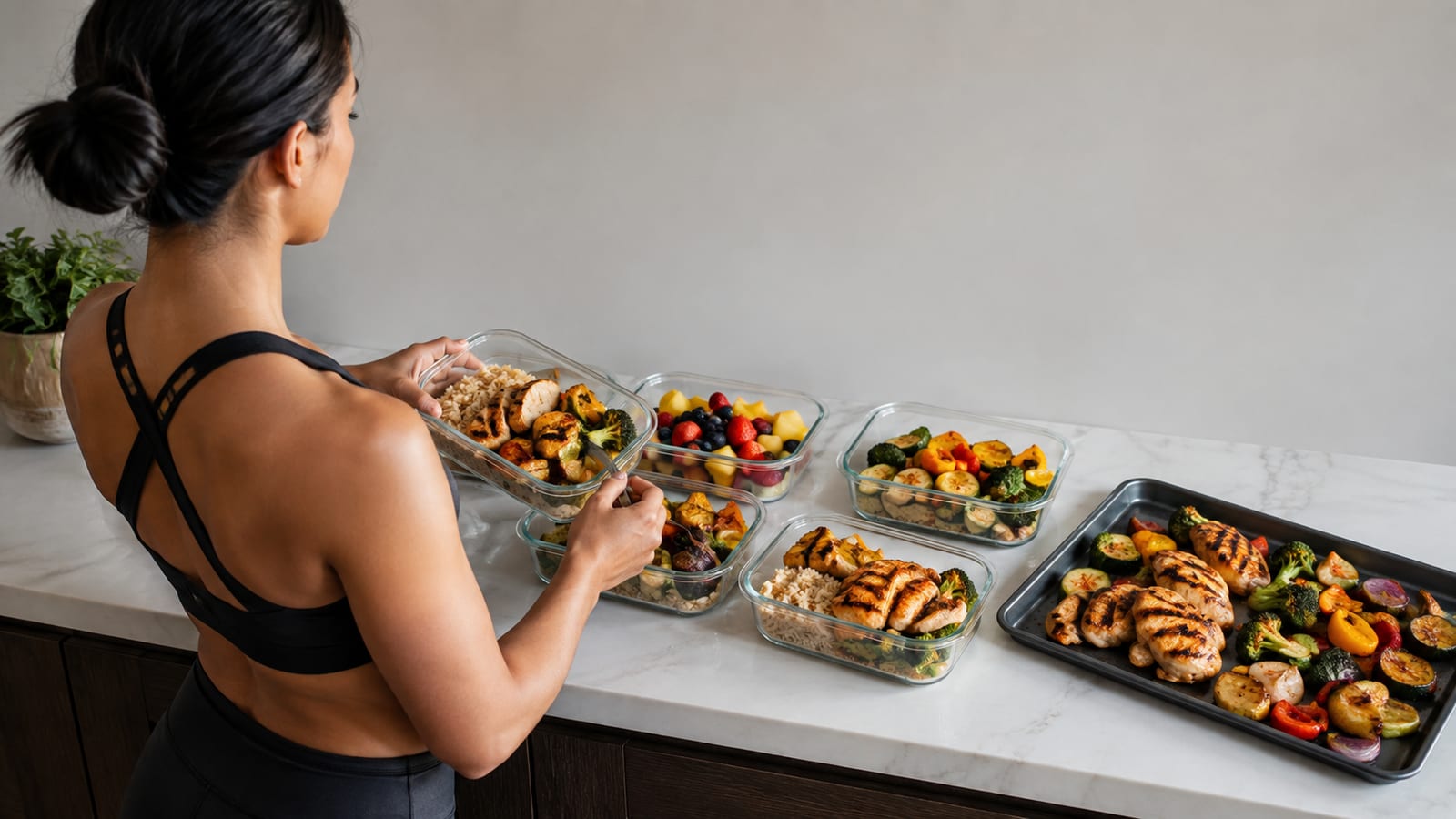 Athlete portioning roasted vegetables fruit rice and protein into balanced recovery meals