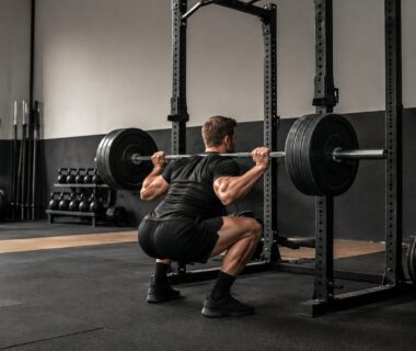 Advanced lifter performing a controlled barbell squat in a realistic strength training gym