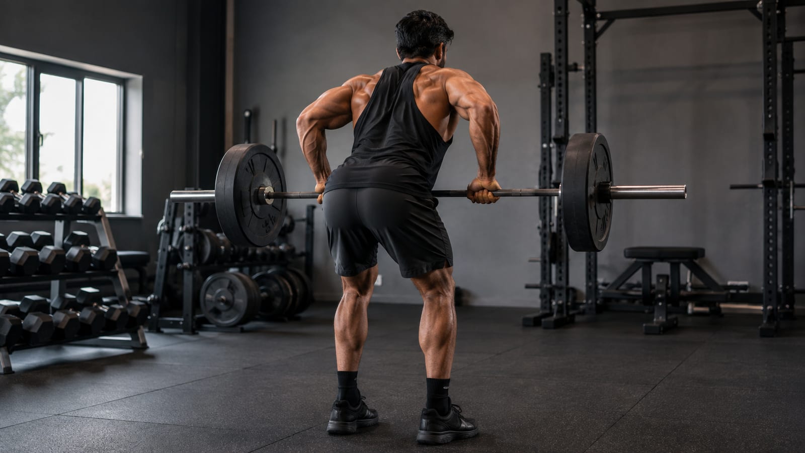 Strong athlete completing repeated barbell rows during a structured volume progression workout