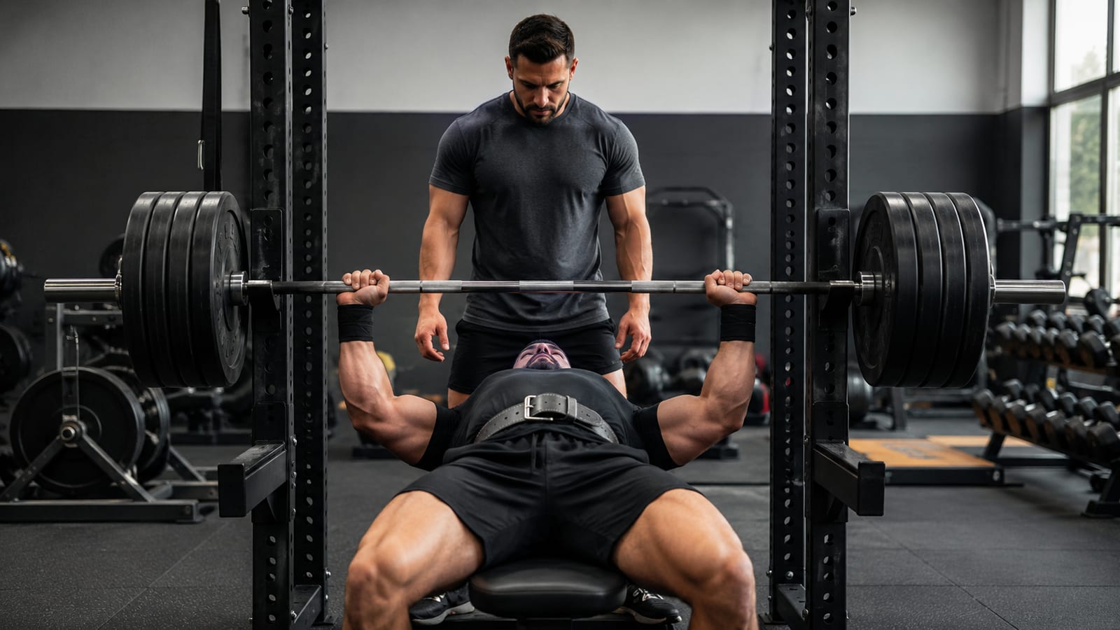 Experienced lifter completing a paused bench press with focused technique and controlled effort