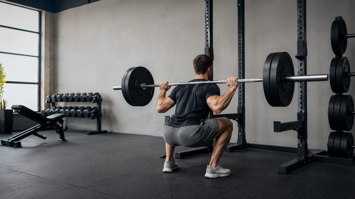 Beginner lifter performing barbell squats in a bright gym beside organized weight plates