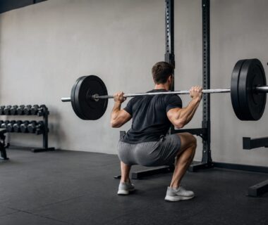 Beginner lifter performing barbell squats in a bright gym beside organized weight plates