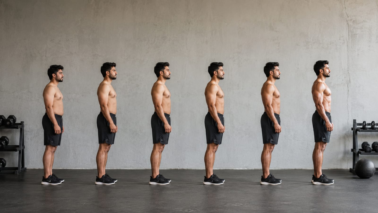 Lifter comparing consistent side-profile poses to assess gradual physique changes over time