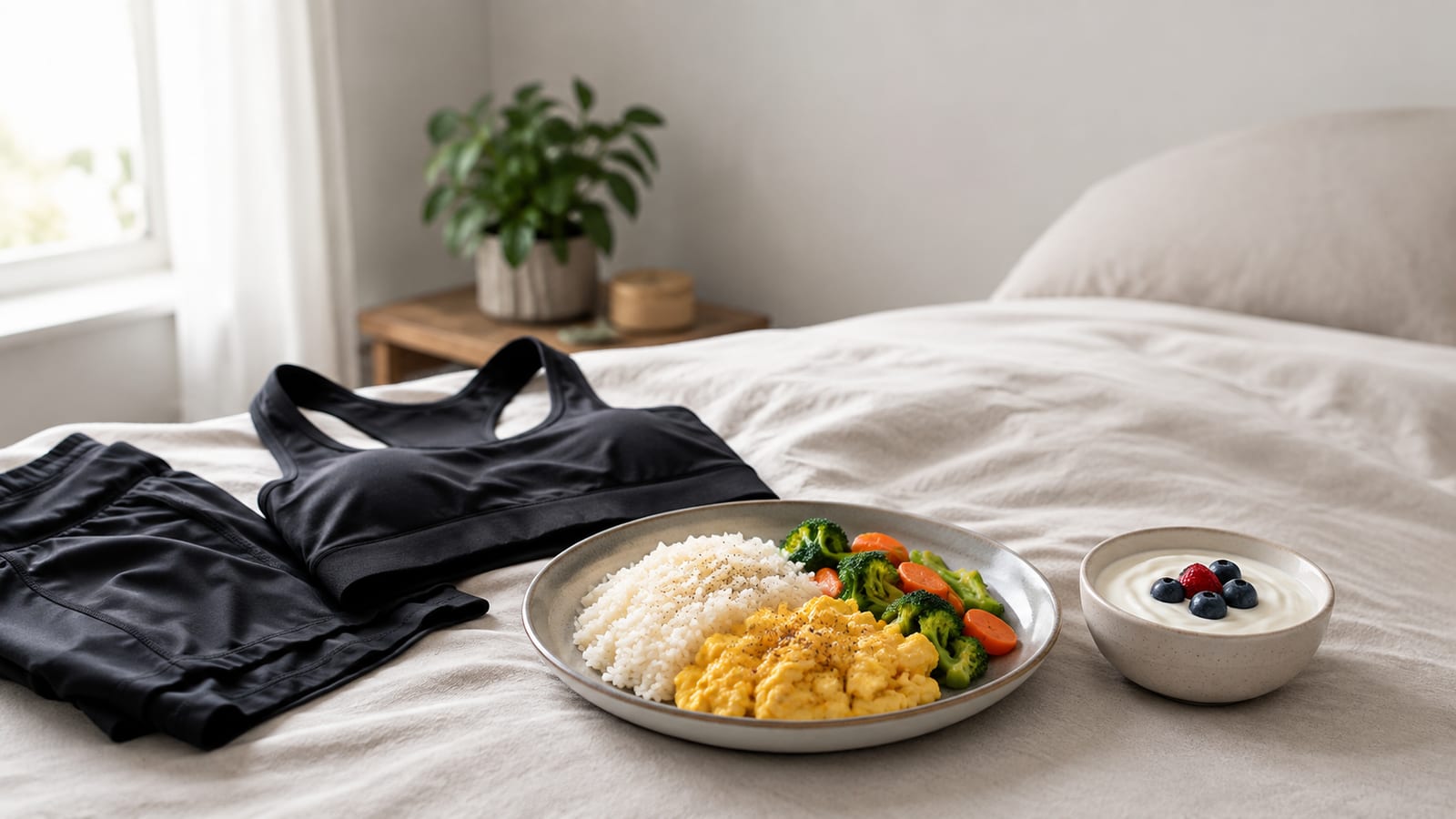 Healthy high-protein meal and resting athlete representing nutrition and recovery for muscle growth