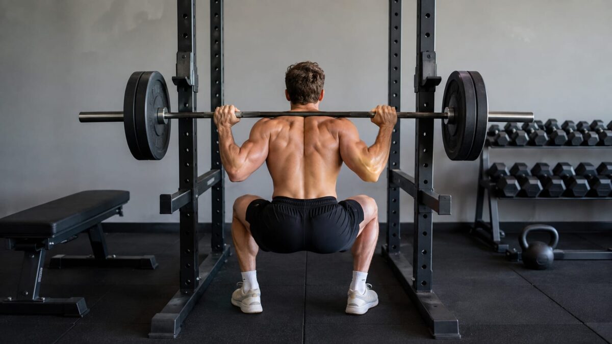 Natural lifter performing a controlled barbell squat in a well-equipped gym