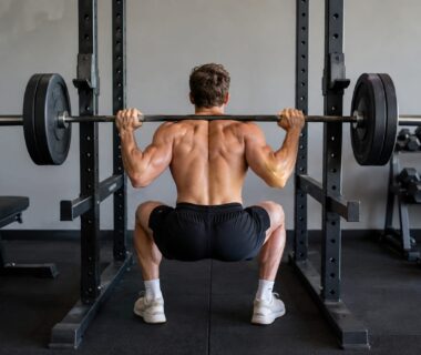 Natural lifter performing a controlled barbell squat in a well-equipped gym