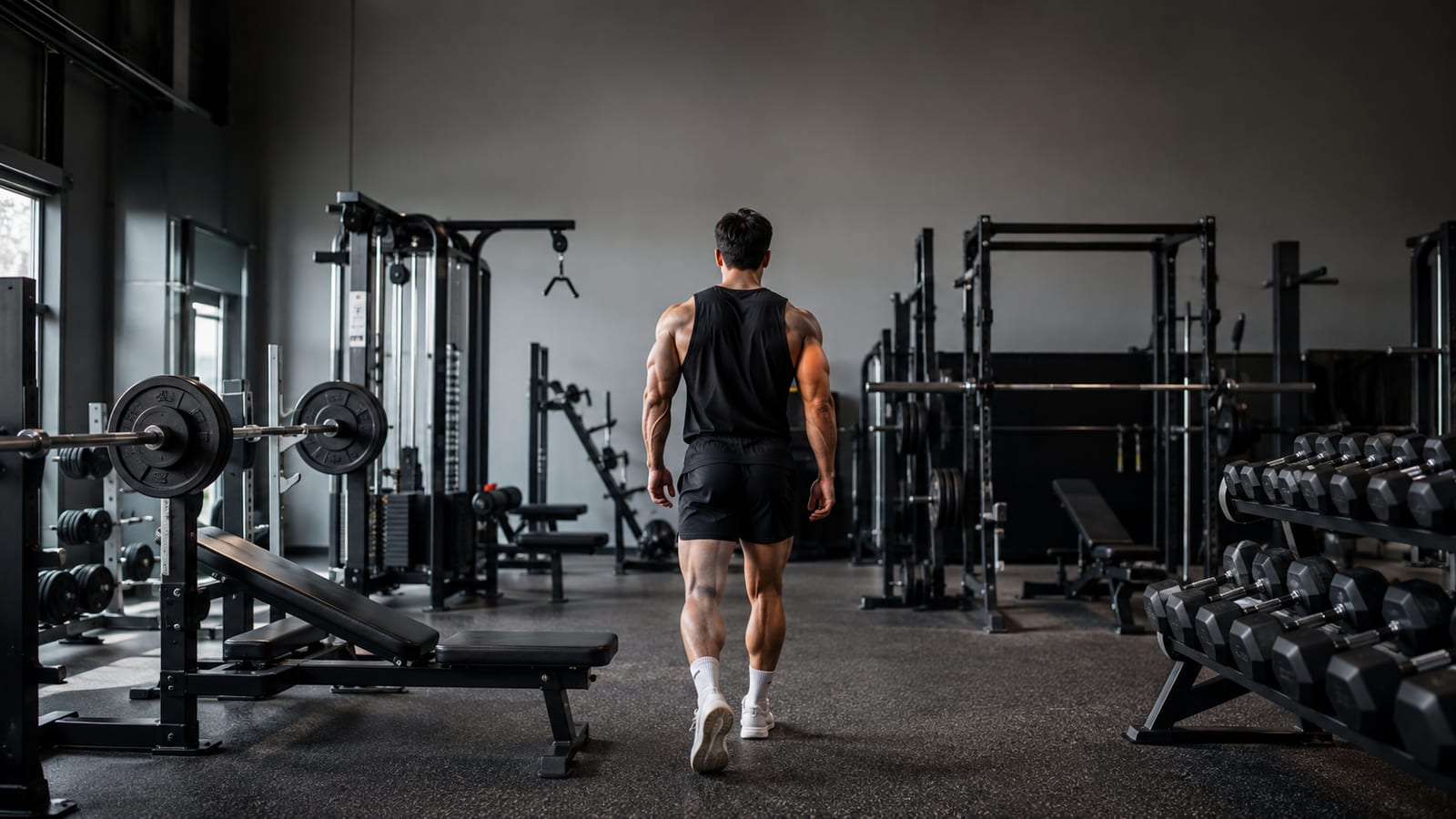 Athlete training push, pull, legs, upper, and lower movements across gym stations