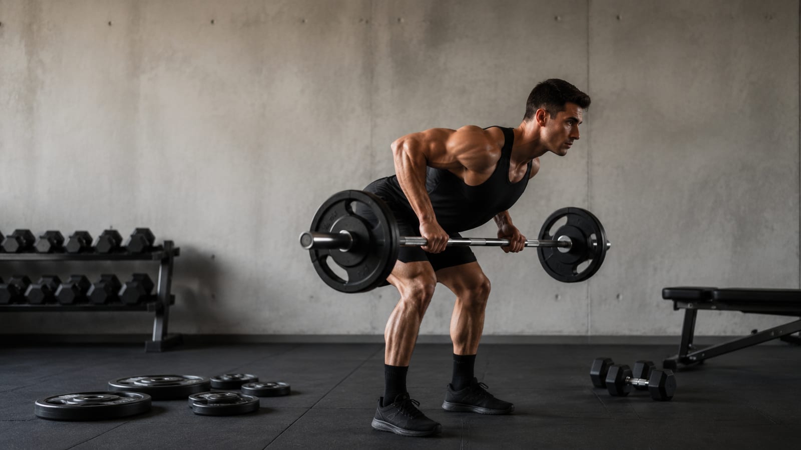 Lifter completing demanding barbell rows beside carefully organized weight plates