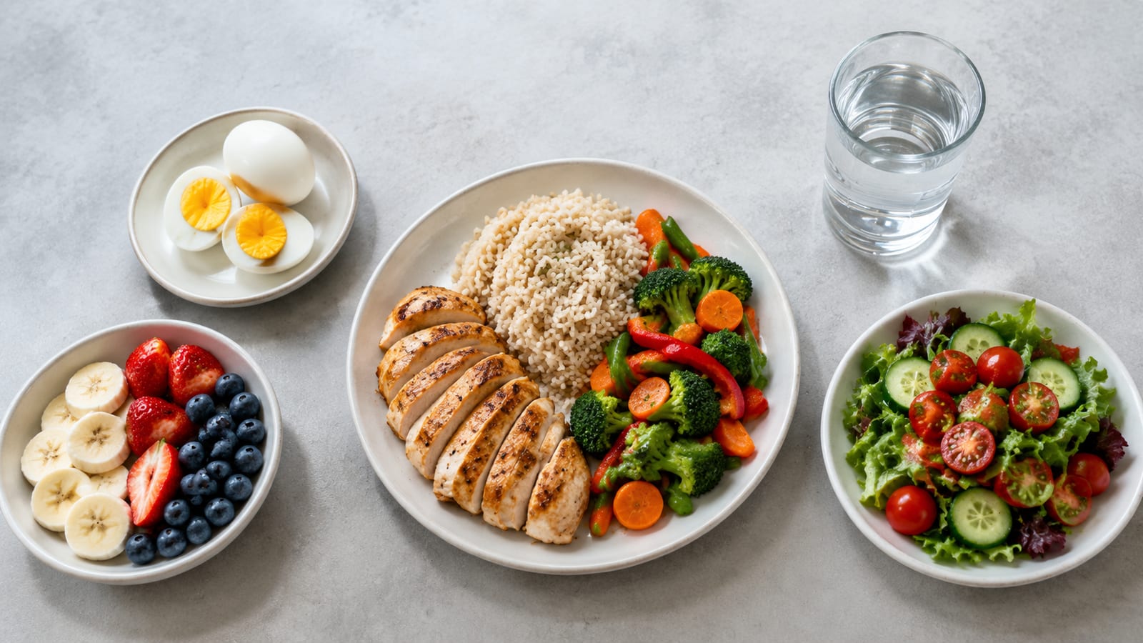 High-protein muscle-building meal with grilled chicken, rice, vegetables, and fruit