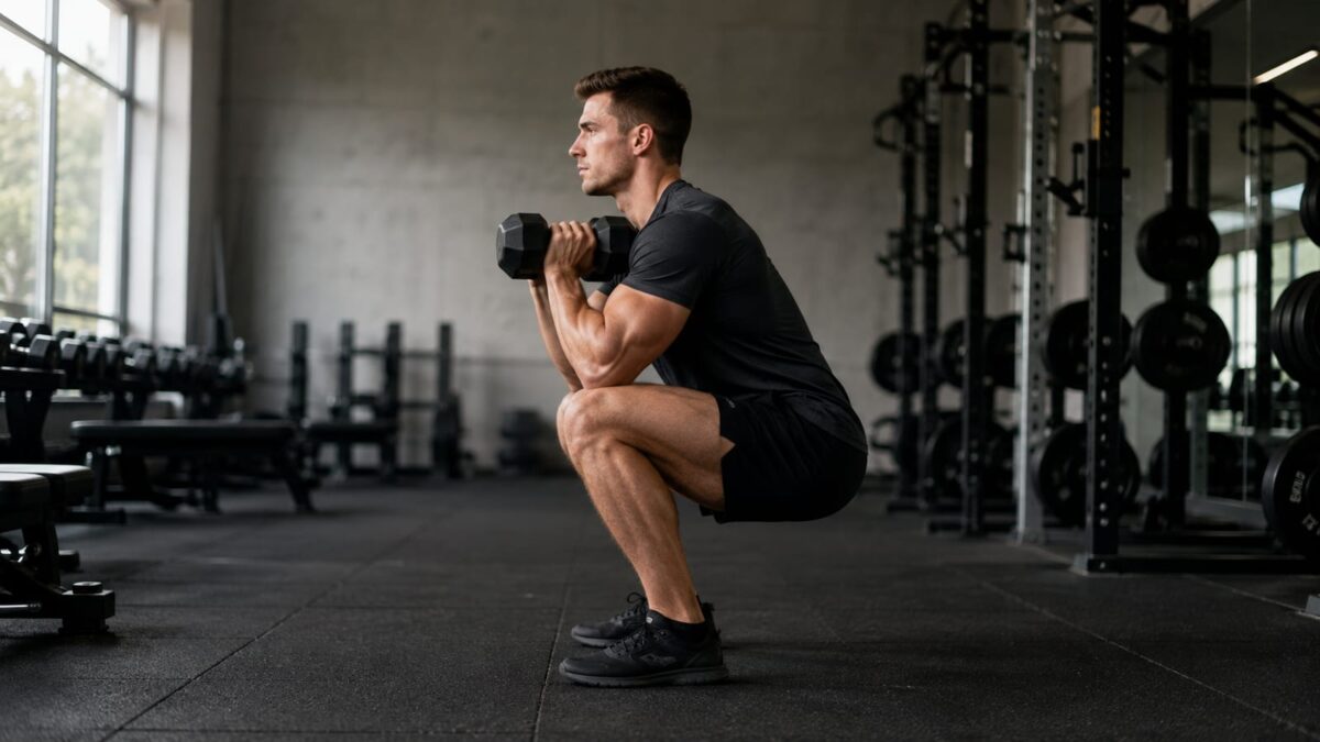 Athlete performing a controlled dumbbell squat in a bright, uncluttered strength training gym
