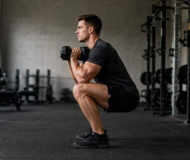 Athlete performing a controlled dumbbell squat in a bright, uncluttered strength training gym