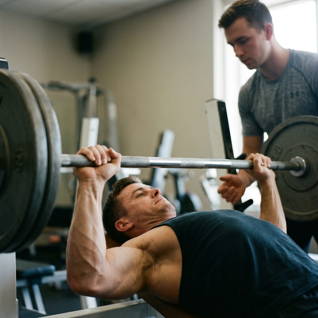 Athlete lowering a barbell slowly during a controlled eccentric bench press repetition
