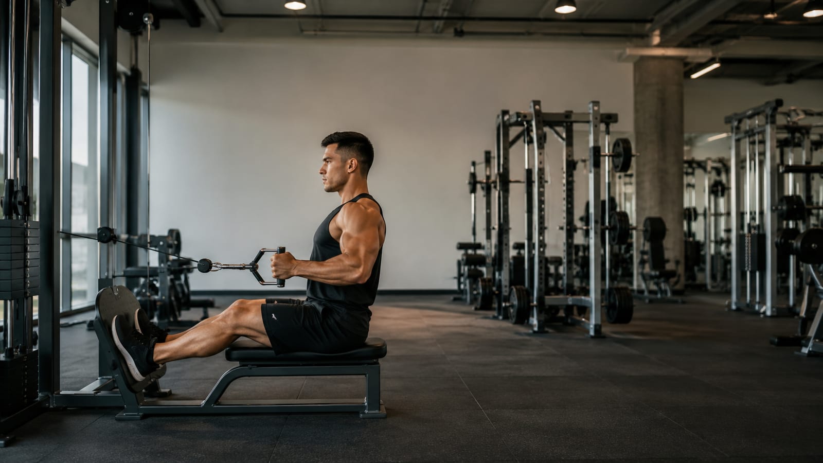 Athlete completing a deliberate cable row repetition with controlled posture and steady muscular tension