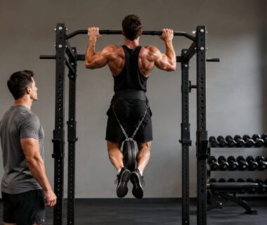 Athlete controlling a weighted pull-up descent in a realistic strength training gym