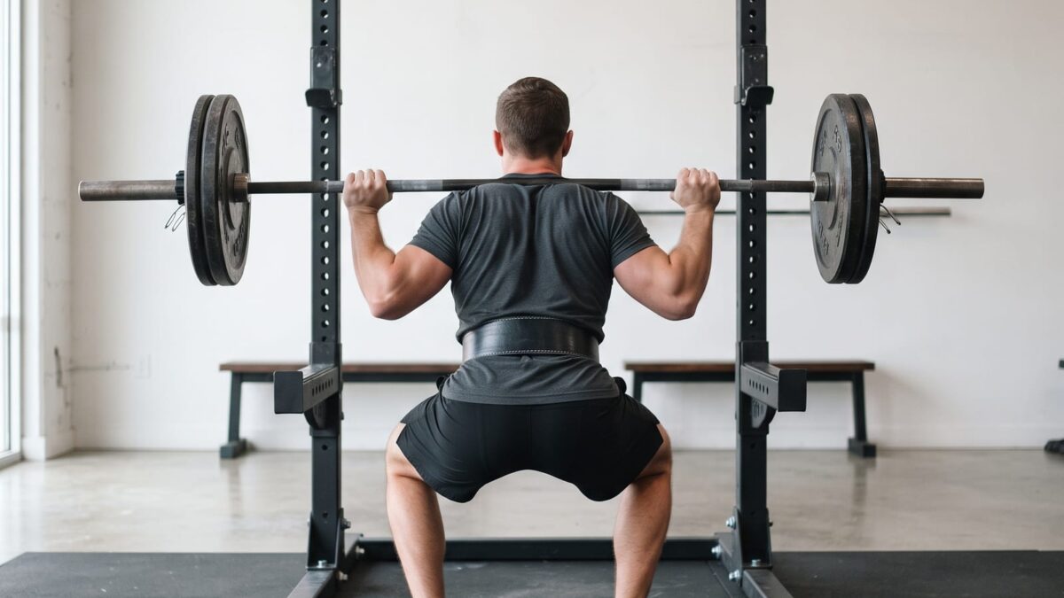 Natural lifter performing controlled barbell squat in a minimalist gym during a focused short workout
