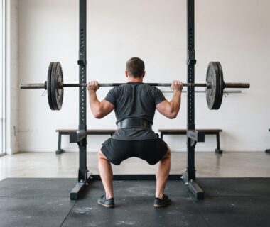 Natural lifter performing controlled barbell squat in a minimalist gym during a focused short workout