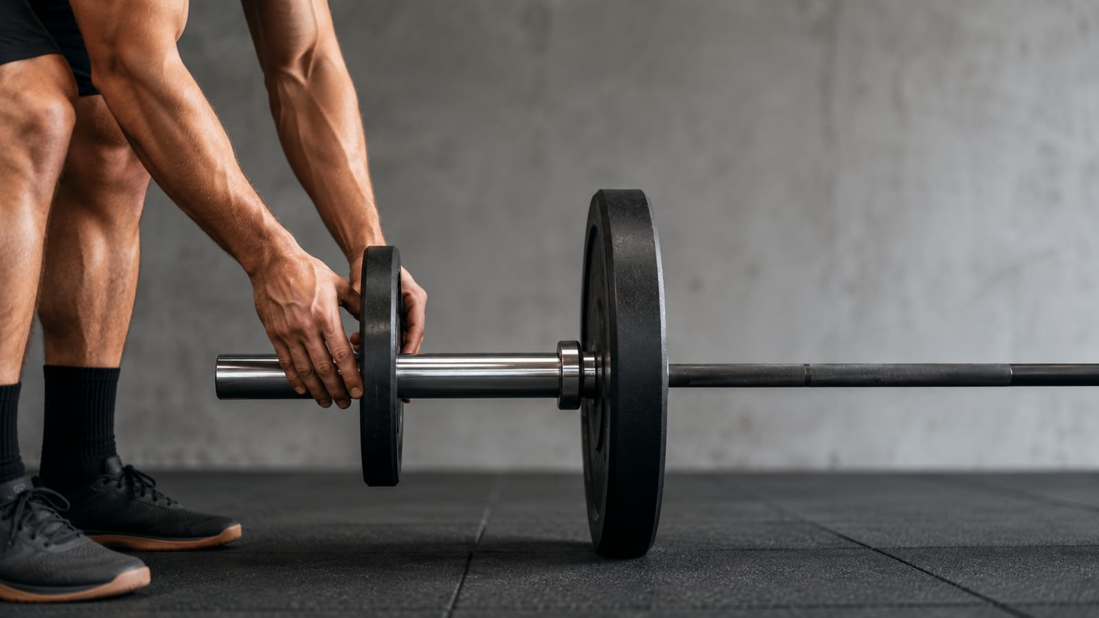 Lifter adding small plates before a focused deadlift set in a practical strength gym
