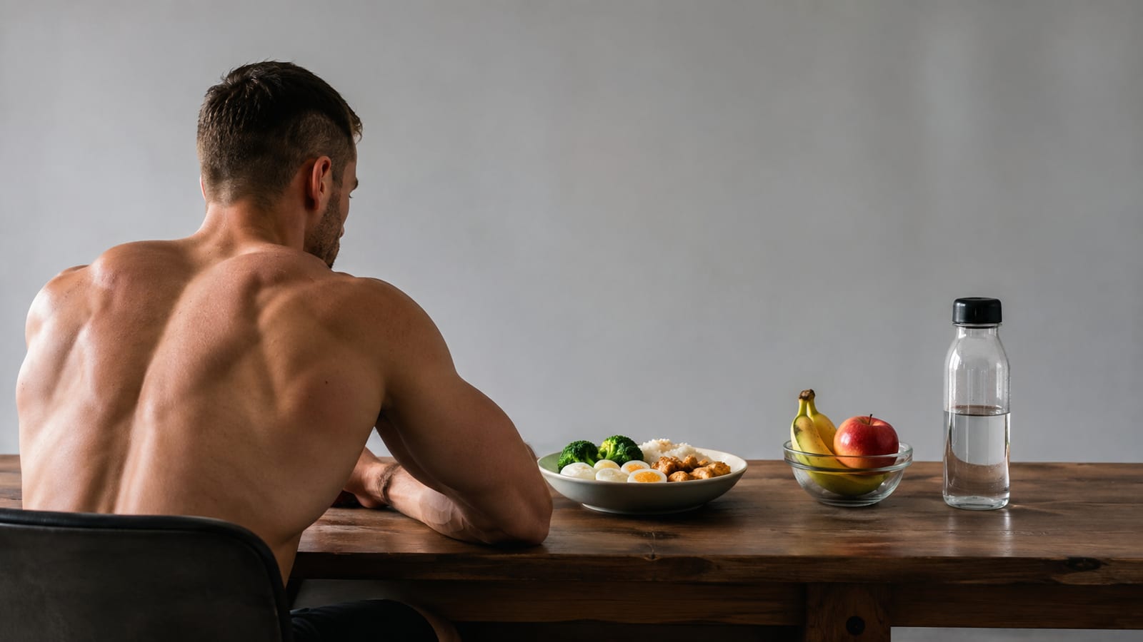 Strength athlete recovering beside a protein-rich meal after a brief demanding workout