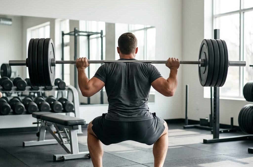 Athlete performing barbell squat beside bench and dumbbells in a bright strength training gym