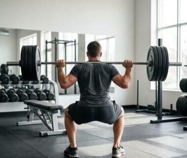 Athlete performing barbell squat beside bench and dumbbells in a bright strength training gym
