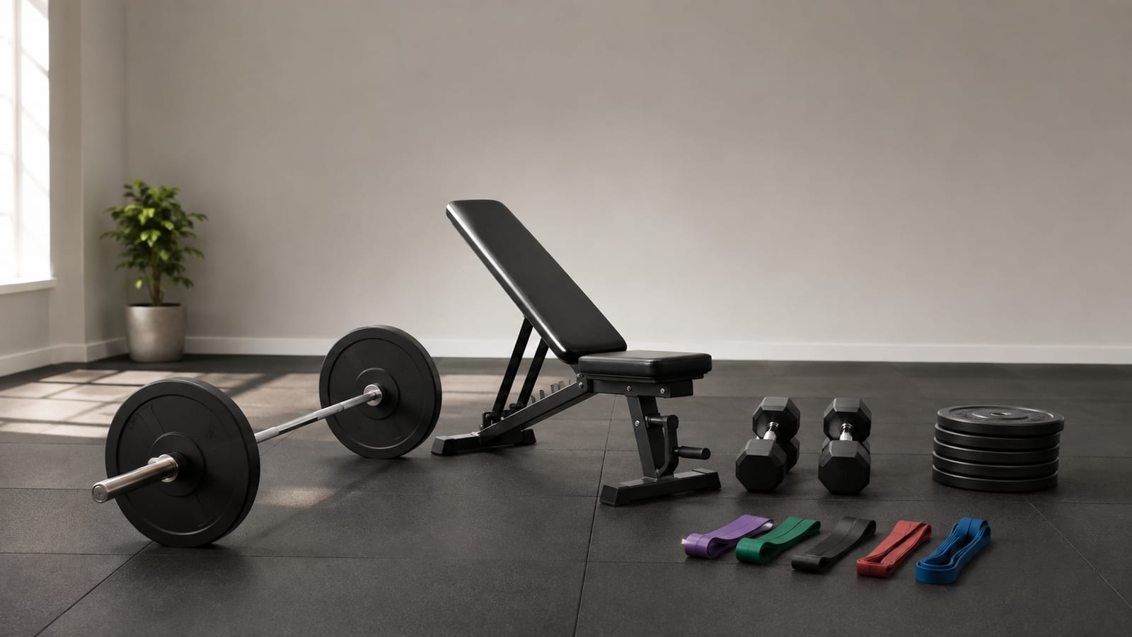 Three-day training setup with barbell, bench, dumbbells, and resistance bands arranged for full-body workouts