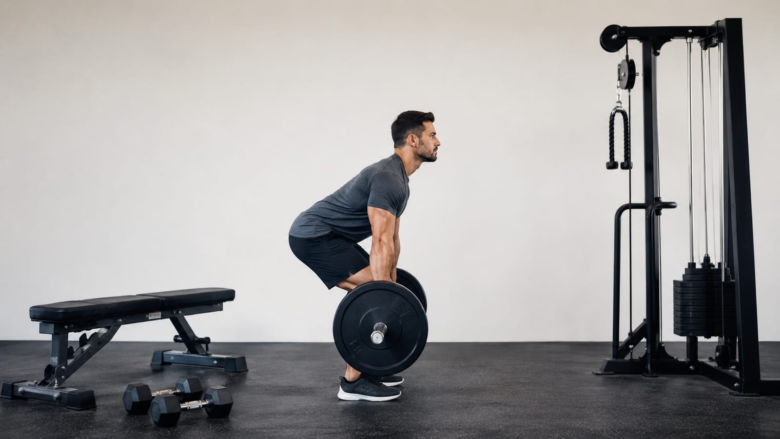 Athlete training deadlifts, presses, and rows across a balanced full-body gym session