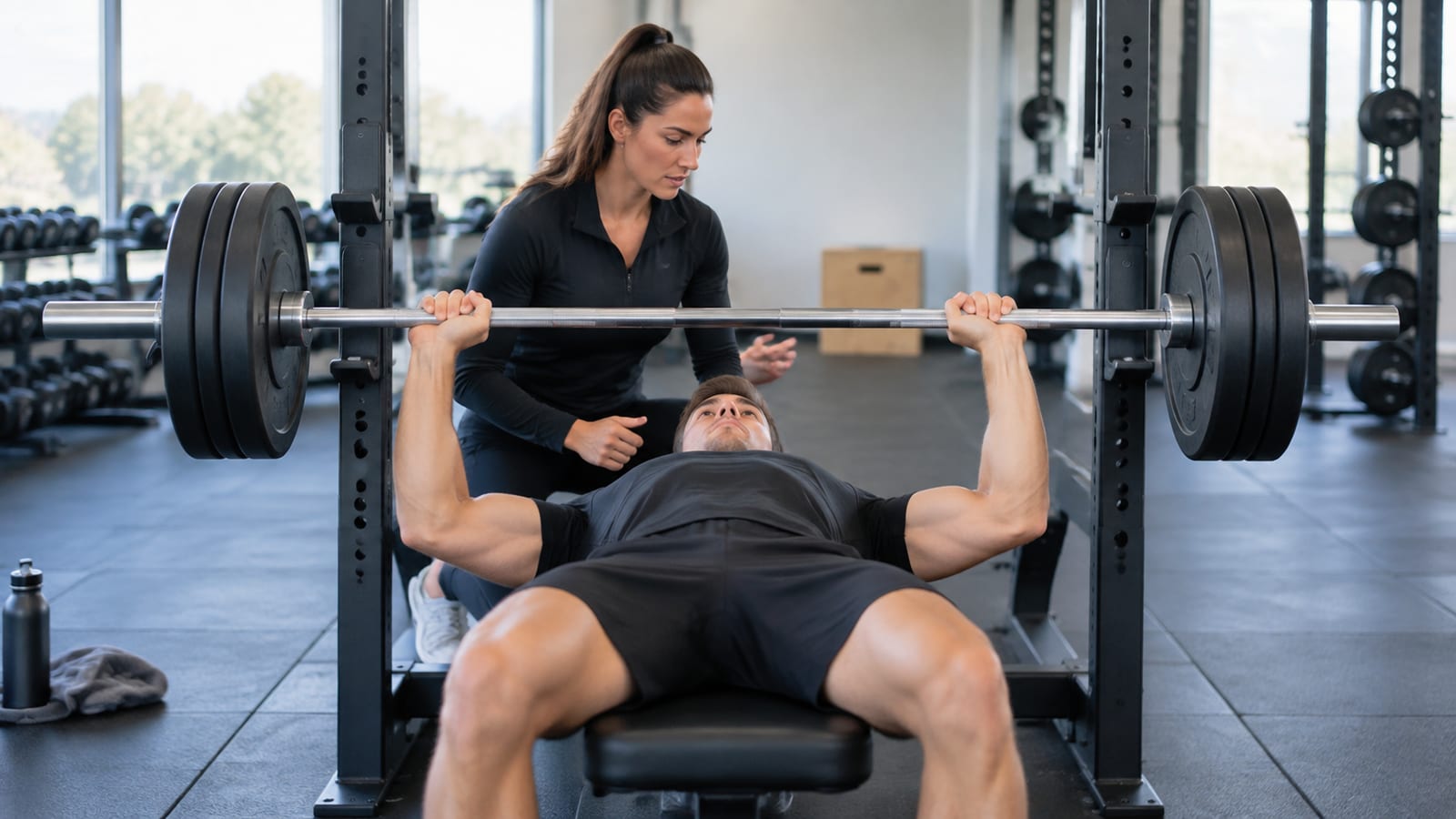 Athlete bench pressing while a coach observes bar speed and controlled lifting technique in a gym
