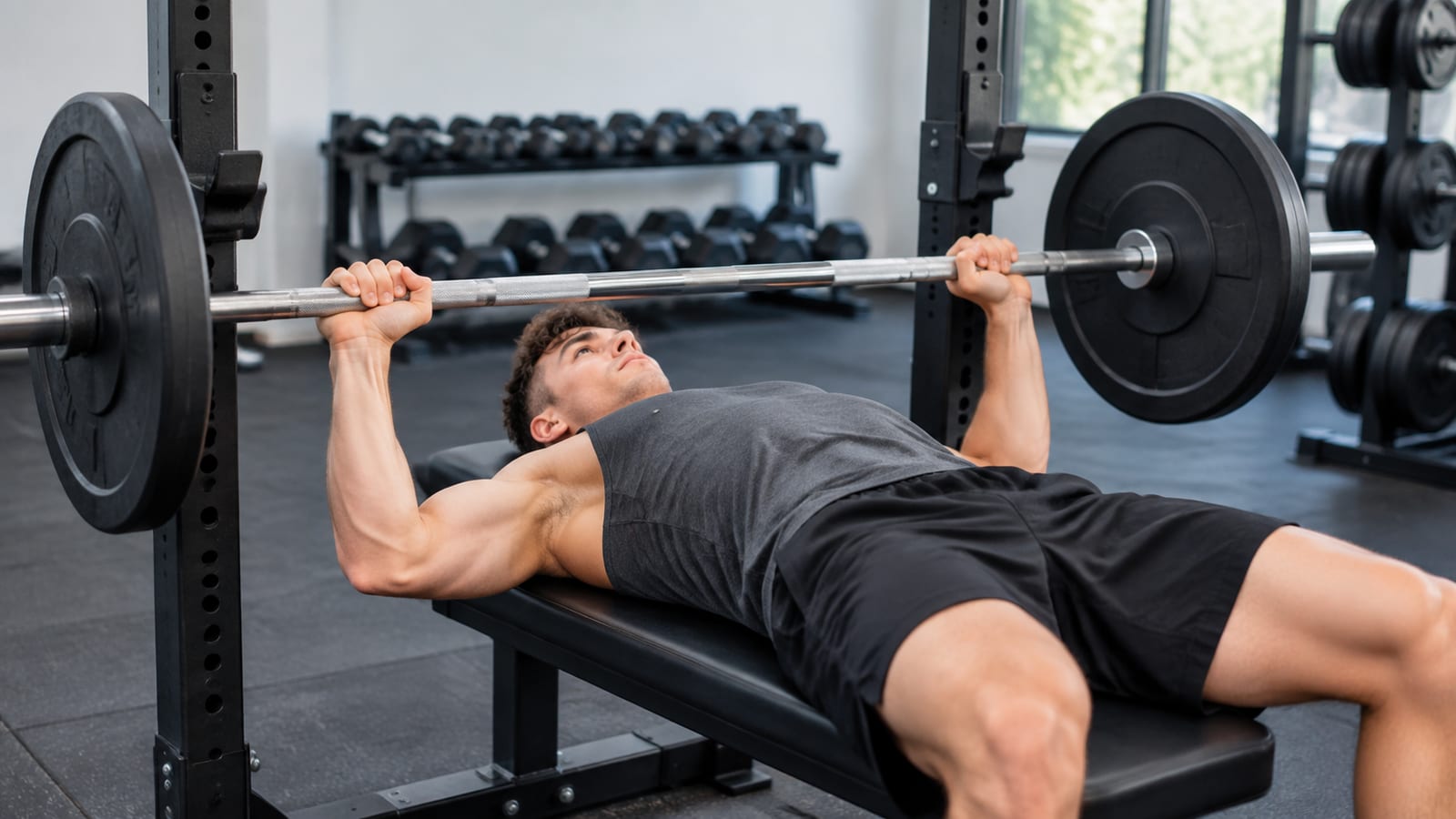 Athlete pauses safely between bench press repetitions, maintaining bar control during cluster-set practice