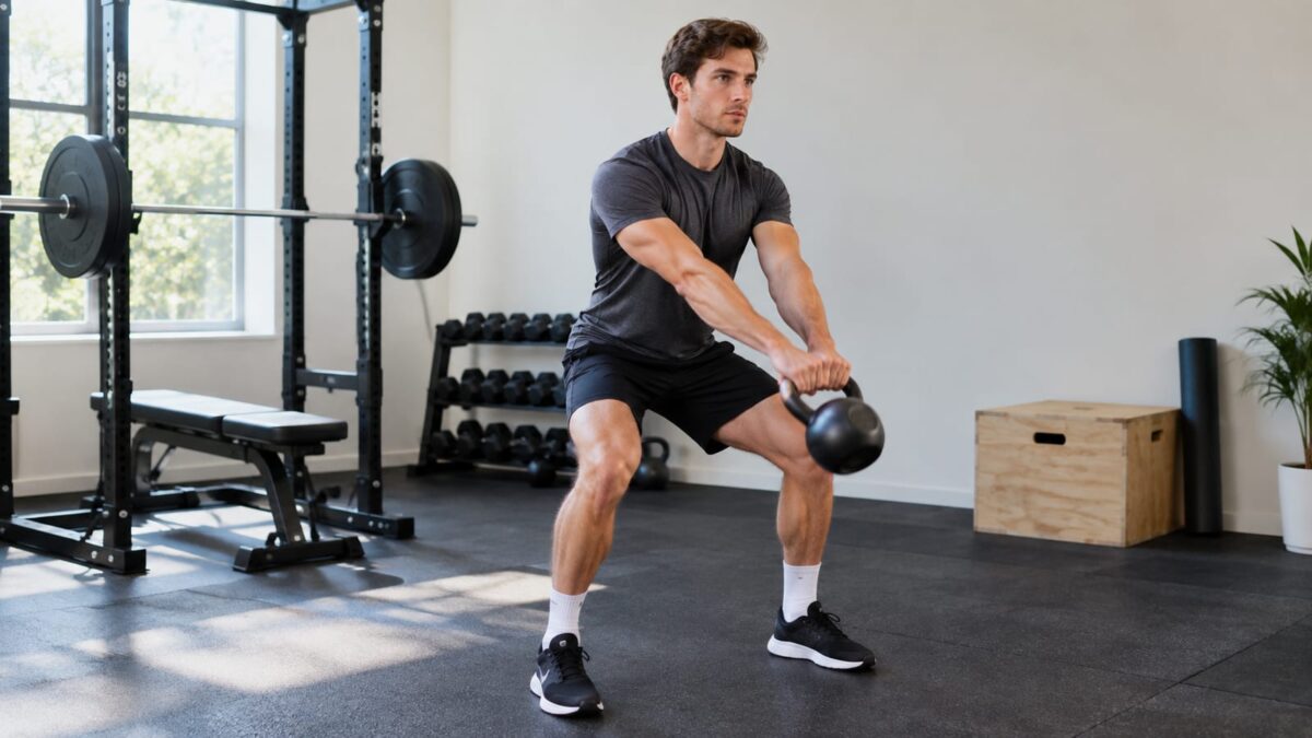 Profiled athlete performing a powerful kettlebell swing in a bright uncluttered home gym