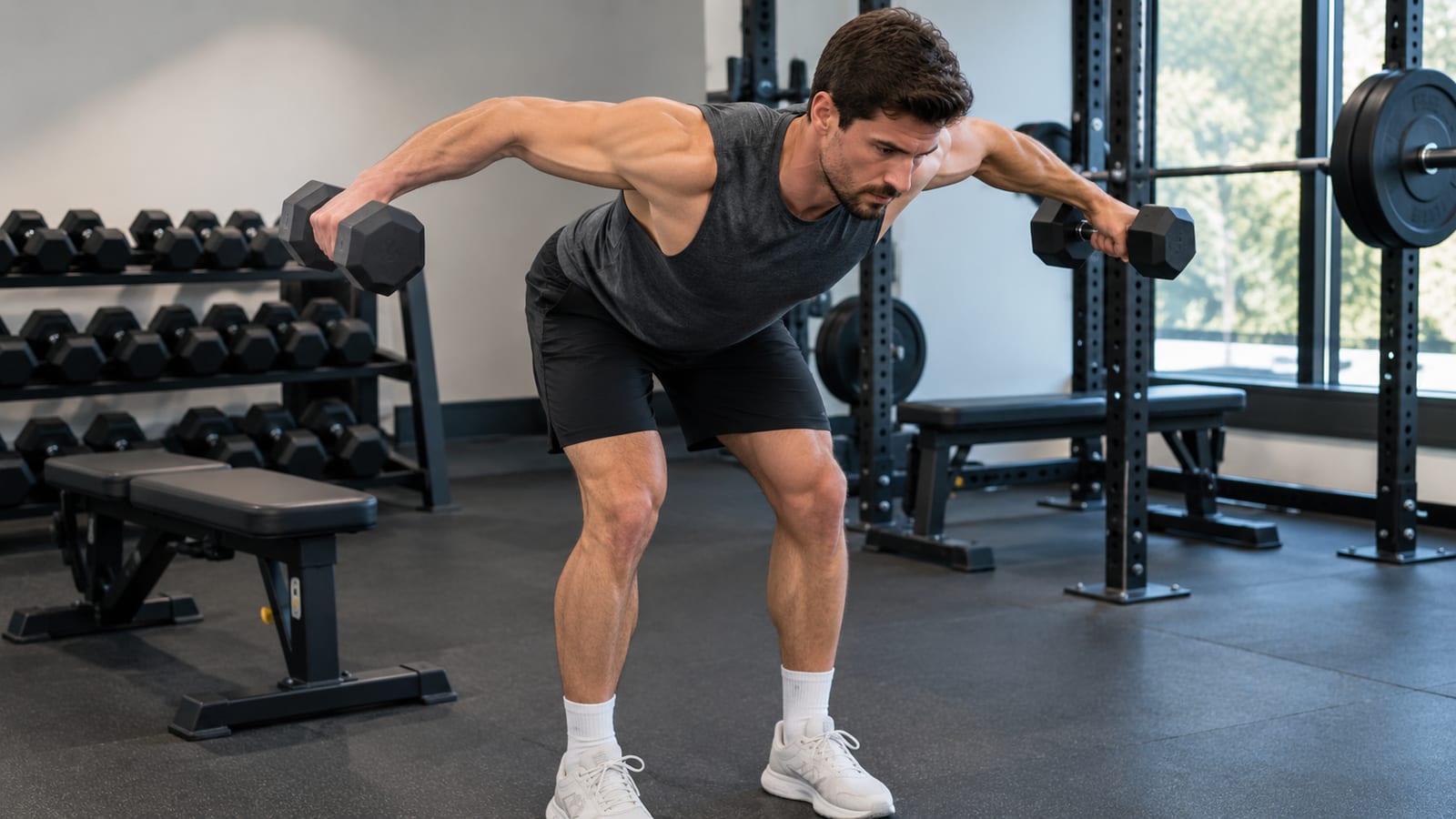 Lifter demonstrating strict rear-delt fly form with dumbbells, neutral spine, and controlled movement