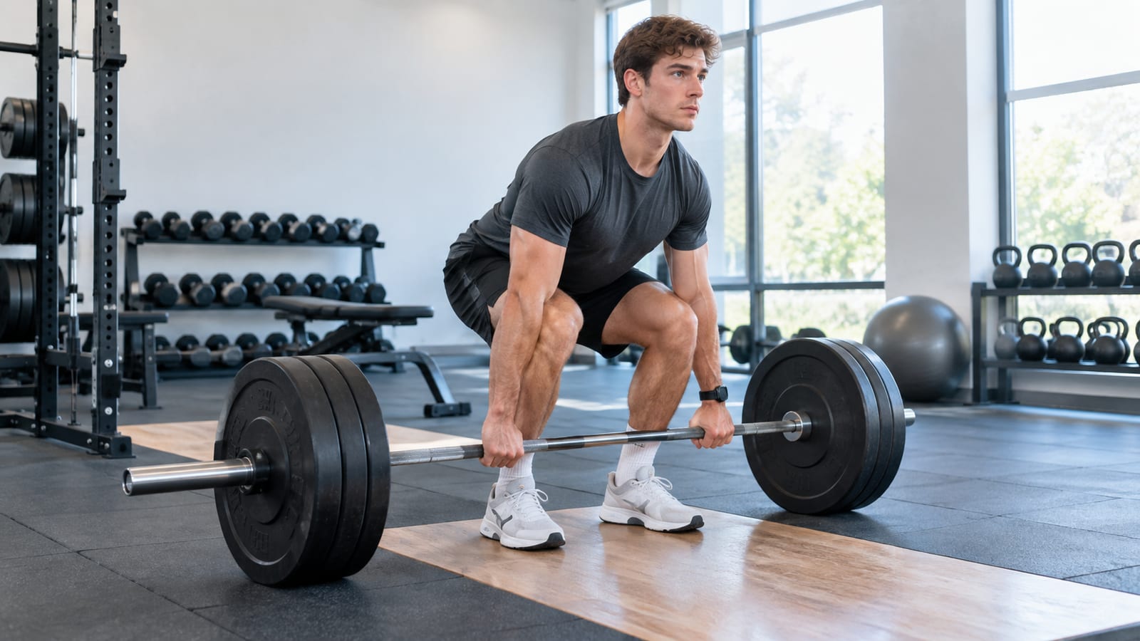 Weightlifter demonstrating controlled deadlift technique with light barbell in bright training gym