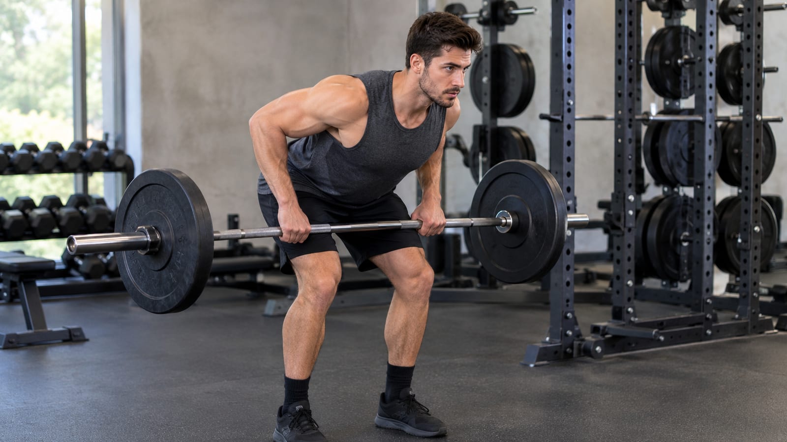 Lifter performing bent-over barbell rows with weight plates organized on a rack behind him