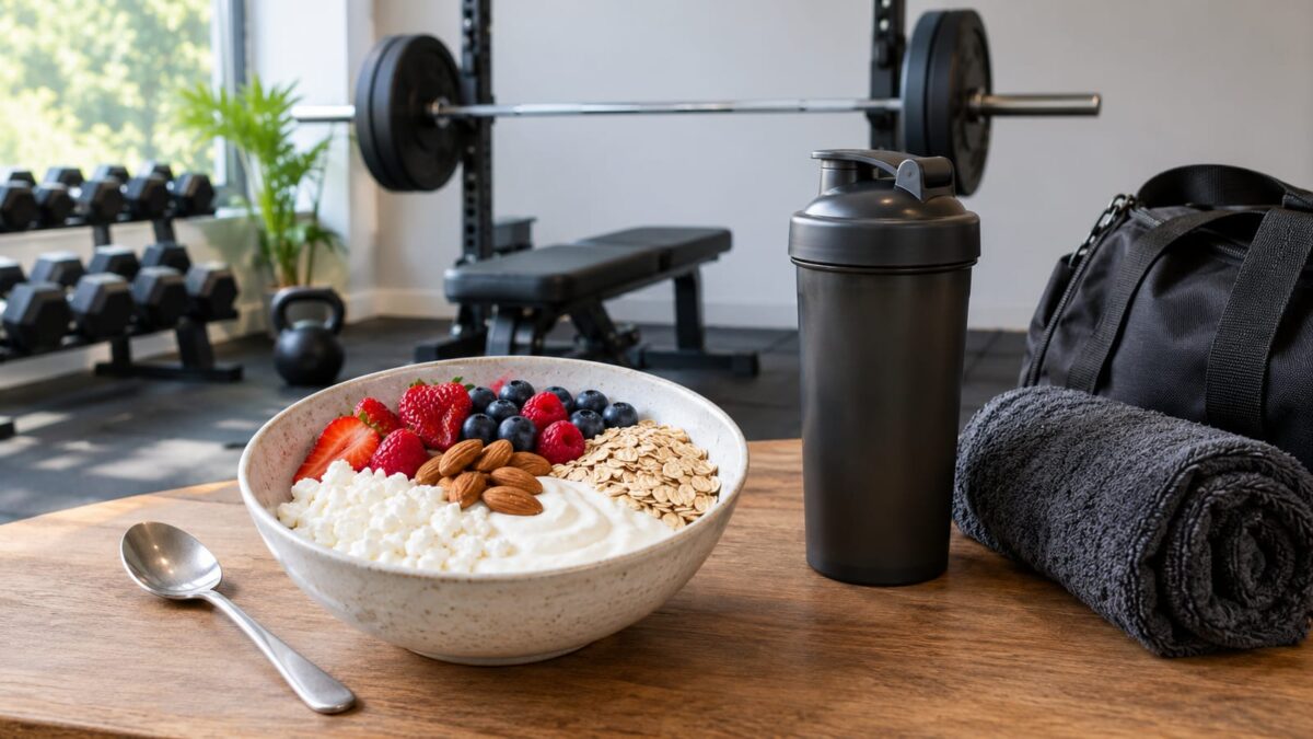 Bowl of yogurt with mixed berries and almonds on a wooden table in a gym