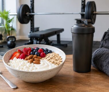 Bowl of yogurt with mixed berries and almonds on a wooden table in a gym