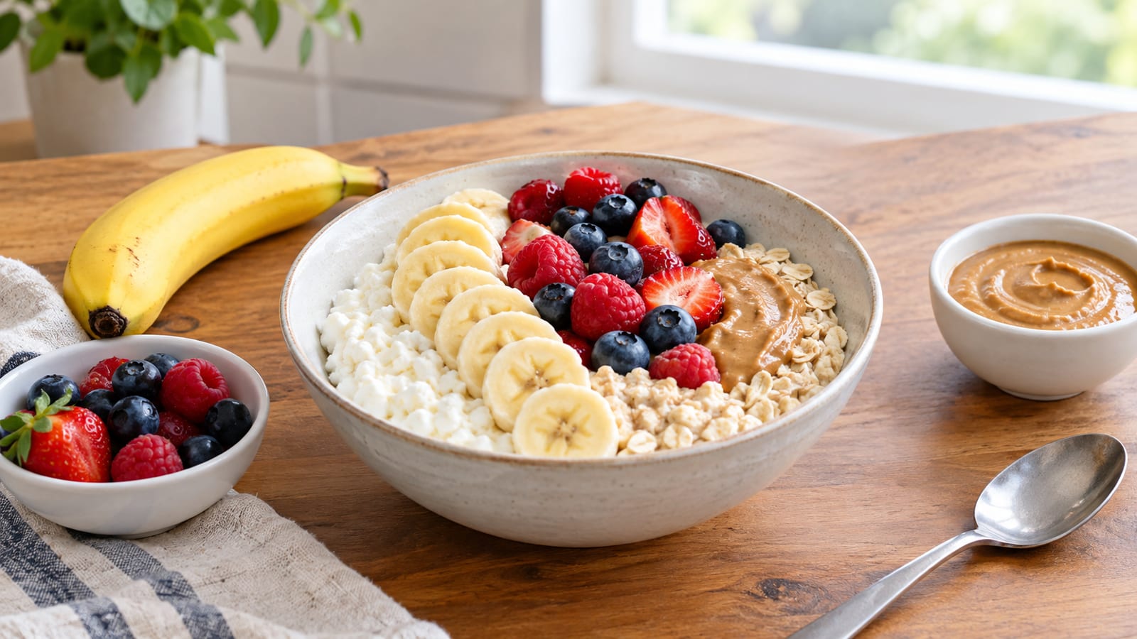 Balanced cottage cheese night meal with oats, banana, berries, and nut butter