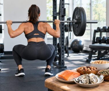 A woman squats with a barbell in a gym, wooden table of food in foreground