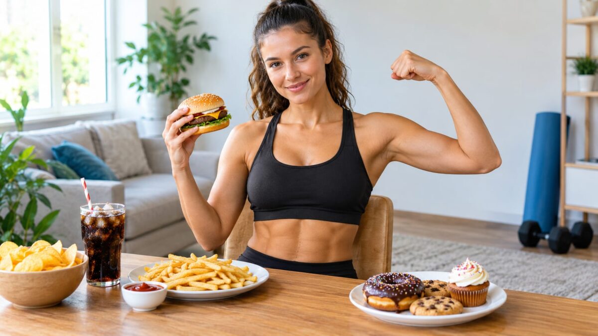 Muscular woman with visible abs flexes her bicep while holding a burger behind junk food