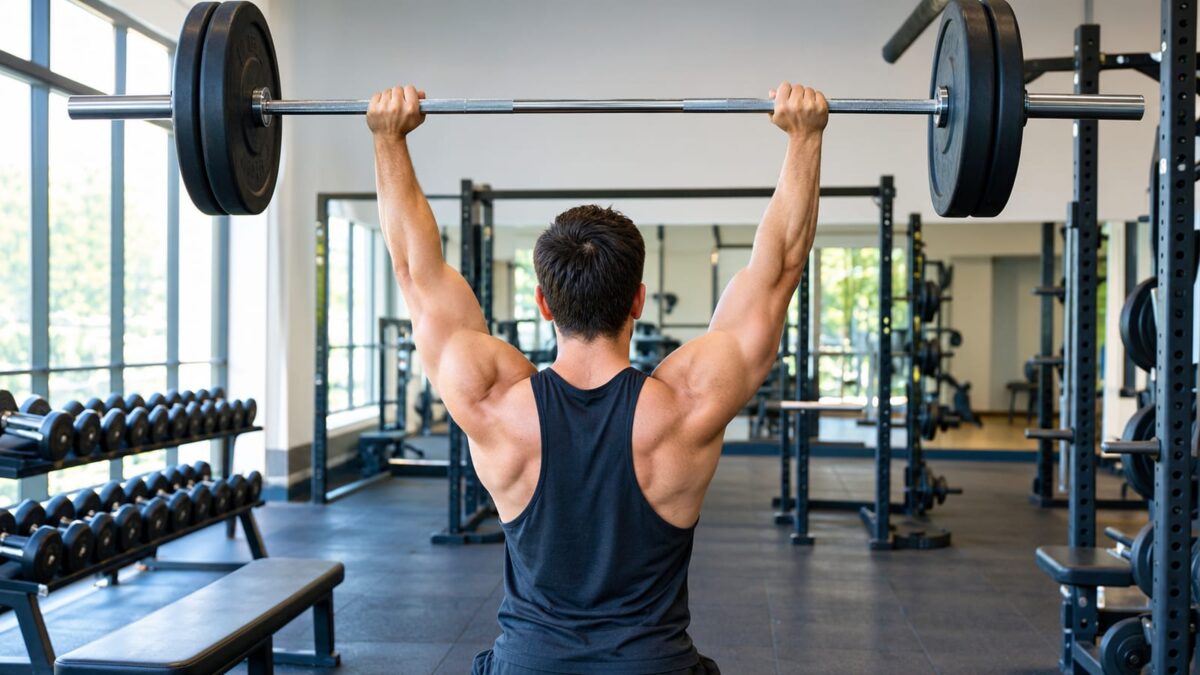 Muscular man in tank top from behind lifting a barbell with arms extended upward in gym