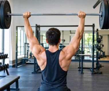 Muscular man in tank top from behind lifting a barbell with arms extended upward in gym