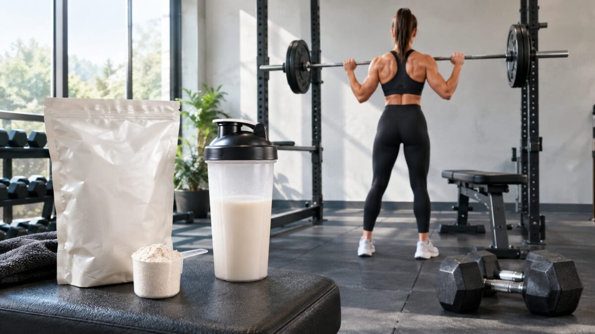 Unbranded whey powder, shaker, and dumbbells beside an athlete in a realistic gym