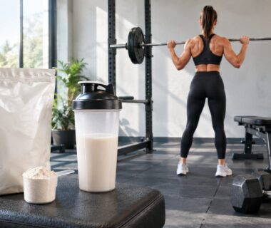 Unbranded whey powder, shaker, and dumbbells beside an athlete in a realistic gym