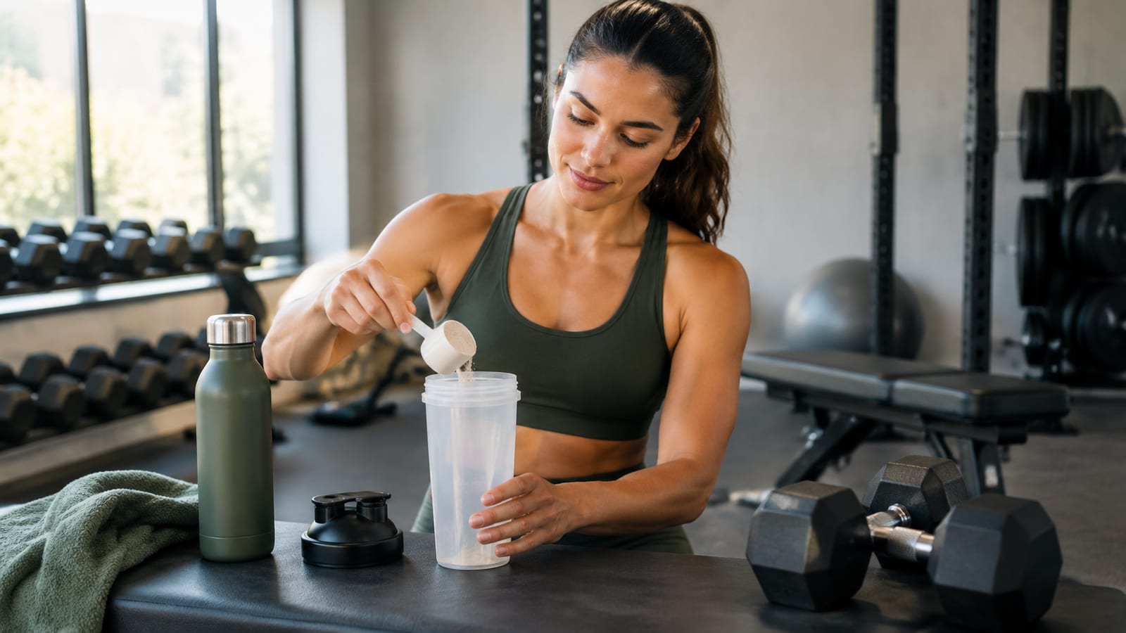 Woman pouring protein powder into a shaker bottle at the gym