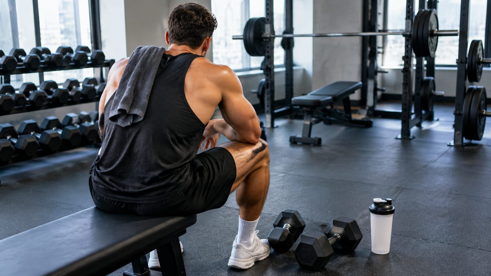 Man resting on a gym bench, with dumbbells and a shaker bottle on the floor