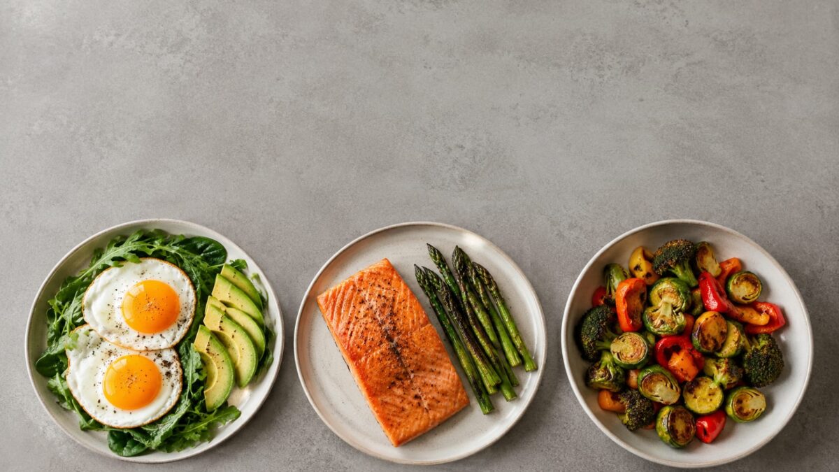 Colorful ketogenic meal with eggs, salmon, avocado, leafy greens, and roasted vegetables