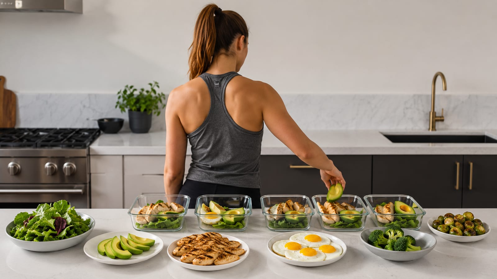 Person preparing ketogenic meals with eggs, chicken, avocado, and vegetables in a bright kitchen