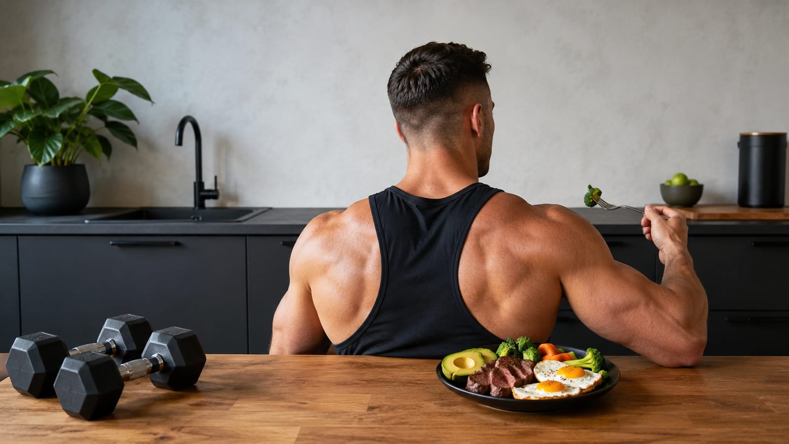 Strength athlete beside dumbbells eating a protein-rich ketogenic meal after training