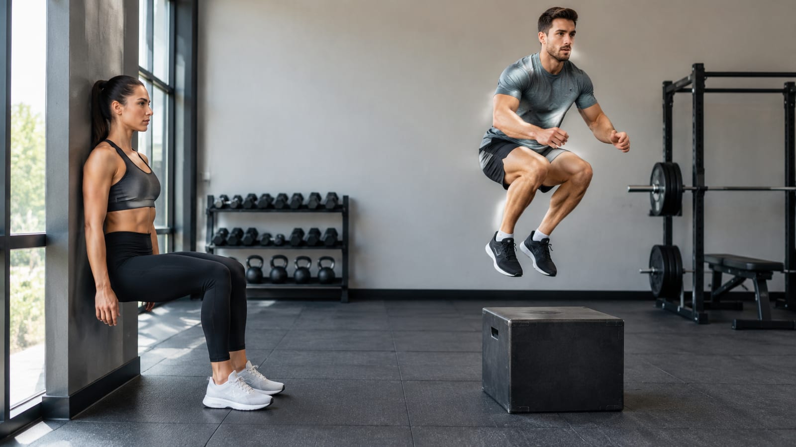 A woman performs an isometric wall sit beside a man doing a plyometric box jump