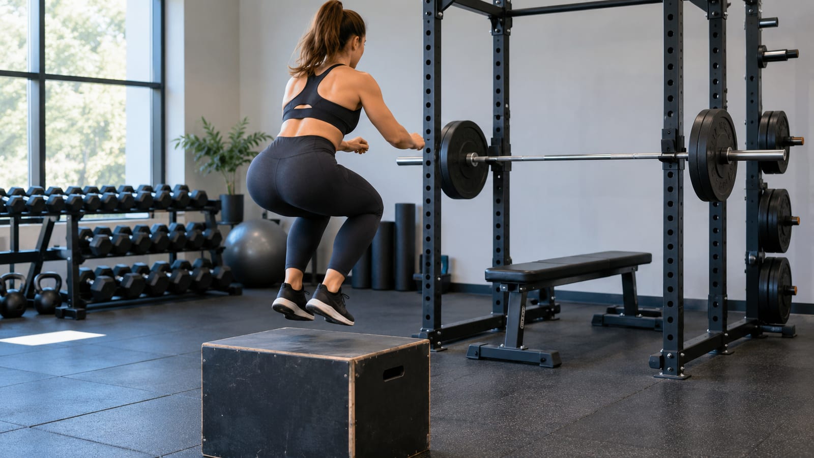 A woman performing a plyometric box jump onto a wooden box inside a gym